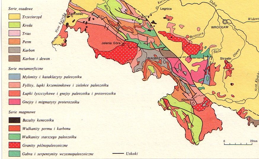 Fig. 1. Mapa geologiczna Sudetów( bez utworów czwartorzędowych)